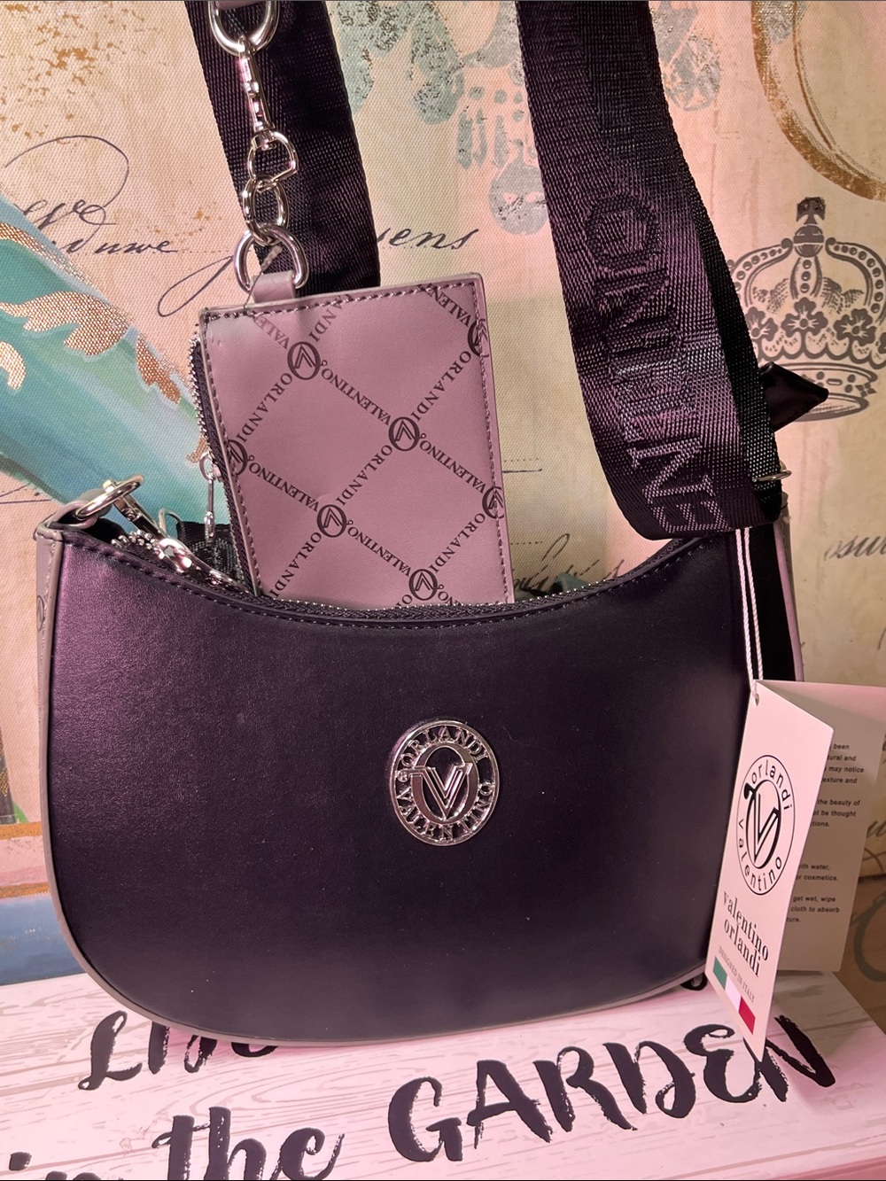 Valentino Orlandi Black Leather Crossbody with Logo Detail